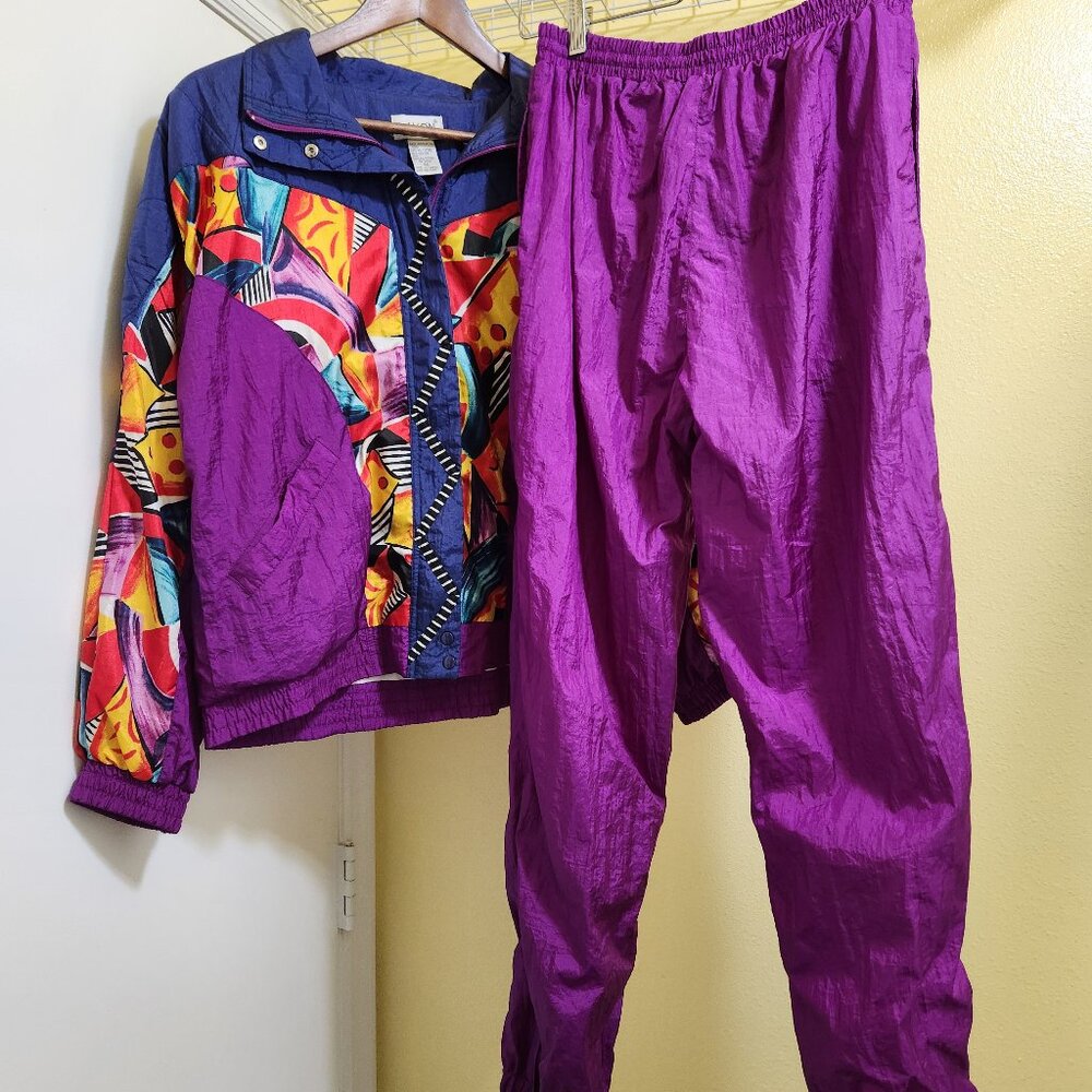 Vintage Bold Track Suit - Nylon Dark Blue & Purple - Pants & Jacket Size Medium